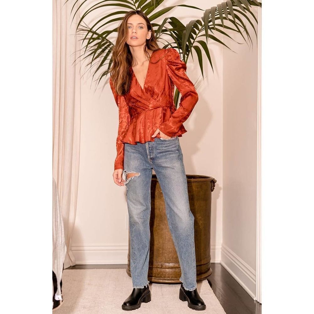 Lulu’s Adoration Rust Orange Satin Jacquard Puff Sleeve Top XS